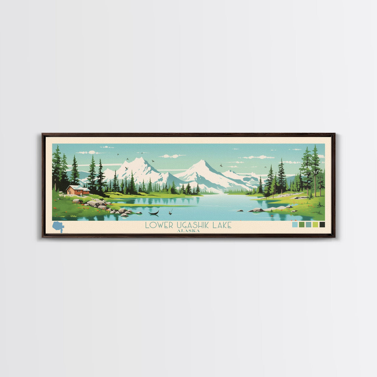 Lower Ugashik Lake, Alaska Panoramic Wall Art Framed Canvas Print, Midcentury Modern, Pop Art, Home Decor, Travel Poster, Bedroom Art