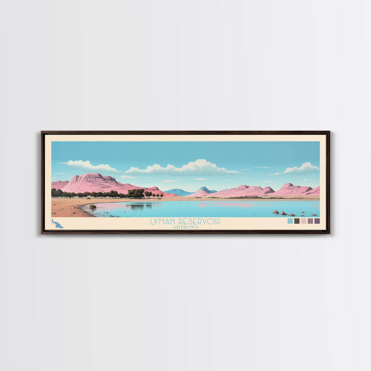 Lyman Reservoir, Arizona Panoramic Wall Art Framed Canvas Print, Midcentury Modern, Pop Art, Home Decor, Travel Poster, Bedroom Art