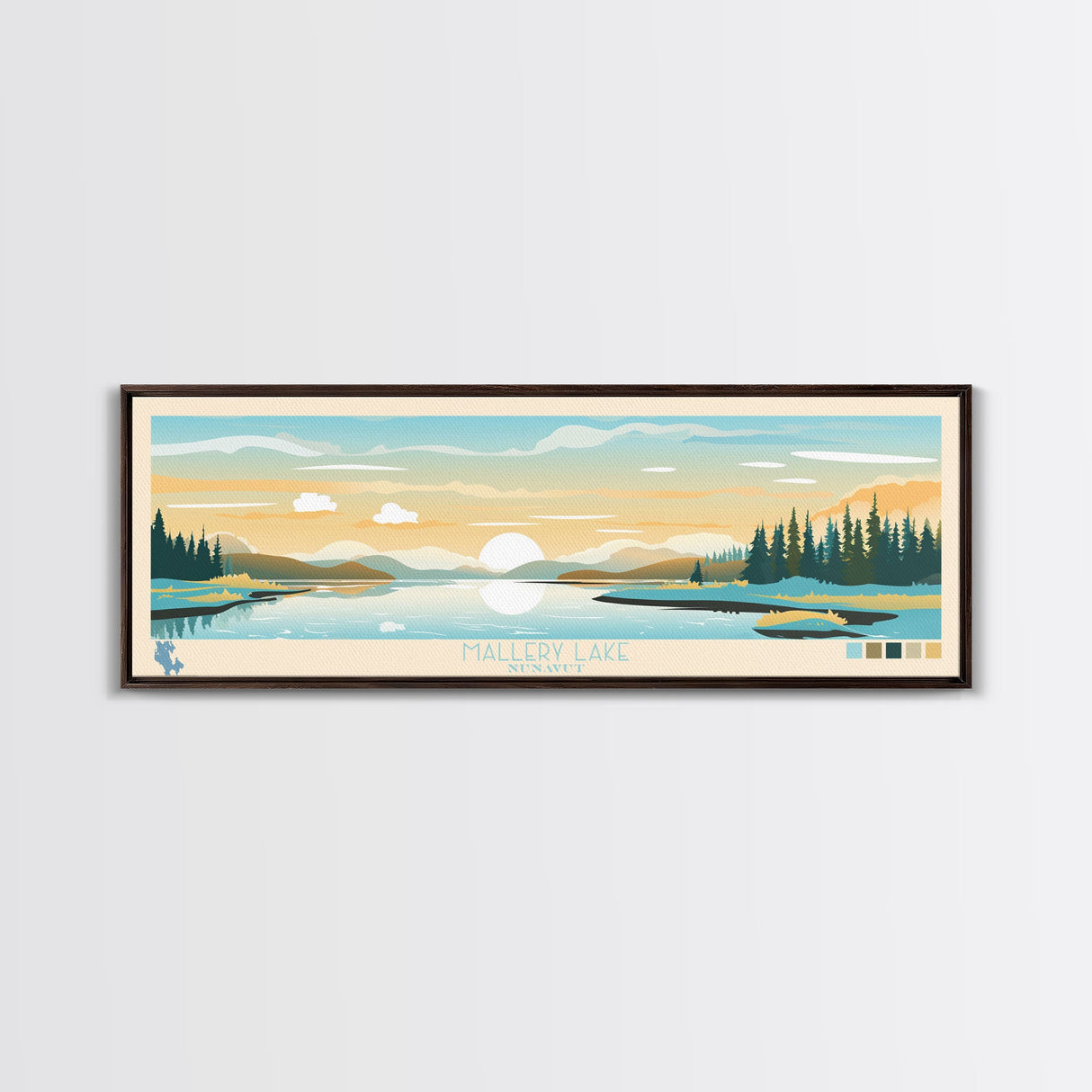 Mallery Lake, Nunavut Panoramic Wall Art Framed Canvas Print, Midcentury Modern, Pop Art, Home Decor, Travel Poster, Bedroom Art