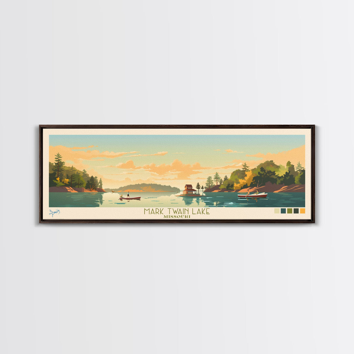 Mark Twain Lake, Missouri Panoramic Wall Art Framed Canvas Print, Midcentury Modern, Pop Art, Home Decor, Travel Poster, Bedroom Art