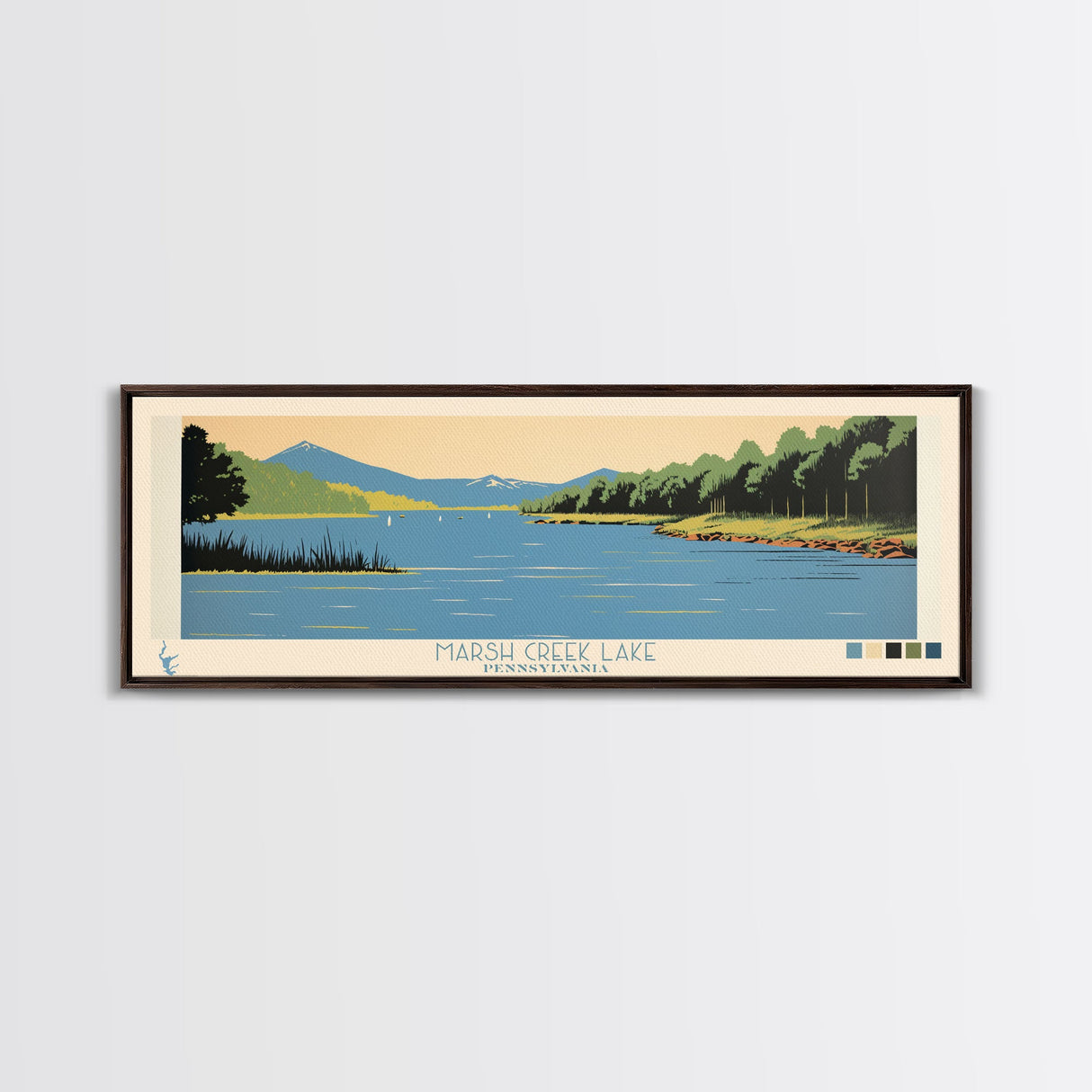 Marsh Creek Lake, Pennsylvania Panoramic Wall Art Framed Canvas Print, Midcentury Modern, Pop Art, Home Decor, Travel Poster, Bedroom Art