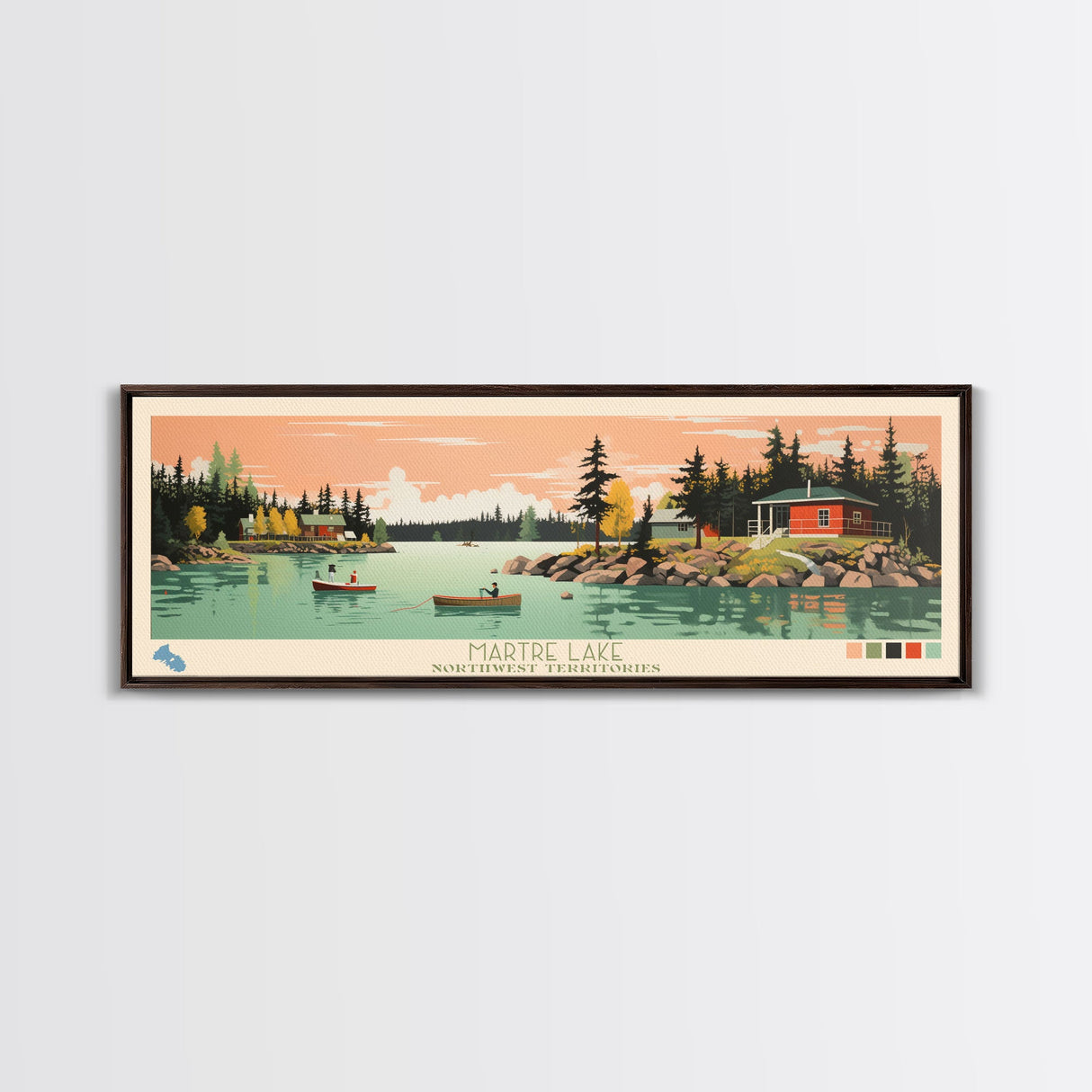 Martre Lake, Northwest Territories Panoramic Wall Art Framed Canvas Print, Midcentury Modern, Pop Art, Home Decor, Travel Poster, Living Room Art