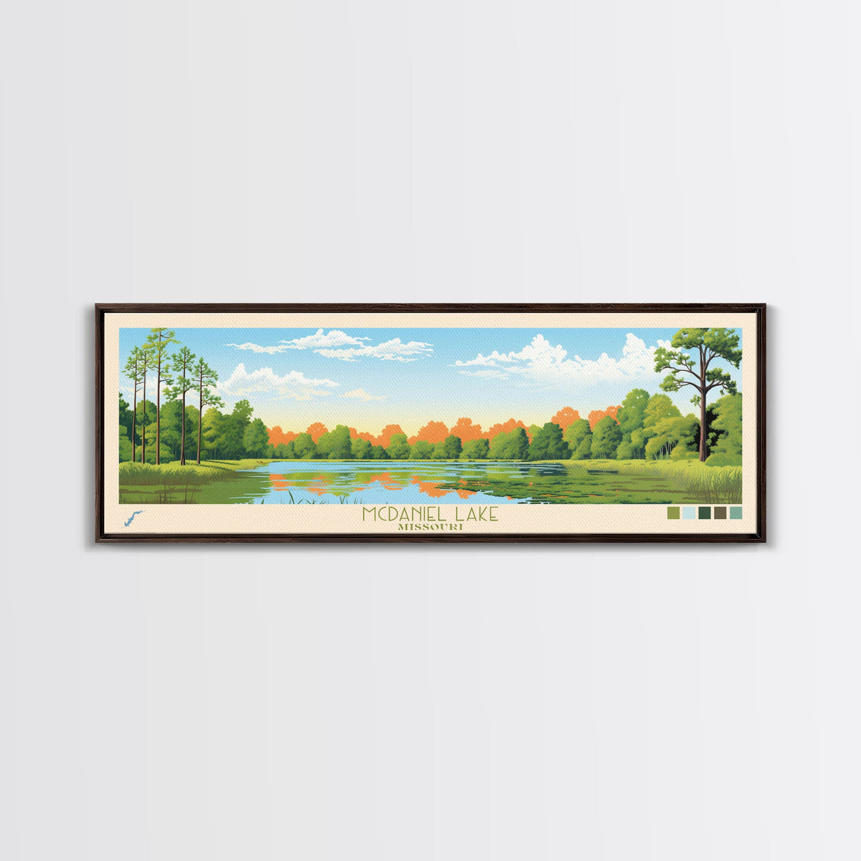 McDaniel Lake, Missouri Panoramic Wall Art Framed Canvas Print, Midcentury Modern, Pop Art, Home Decor, Travel Poster, Living Room Art