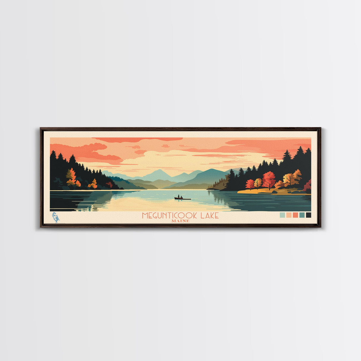 Megunticook Lake, Maine Panoramic Wall Art Framed Canvas Print, Midcentury Modern, Pop Art, Home Decor, Travel Poster, Living Room Art