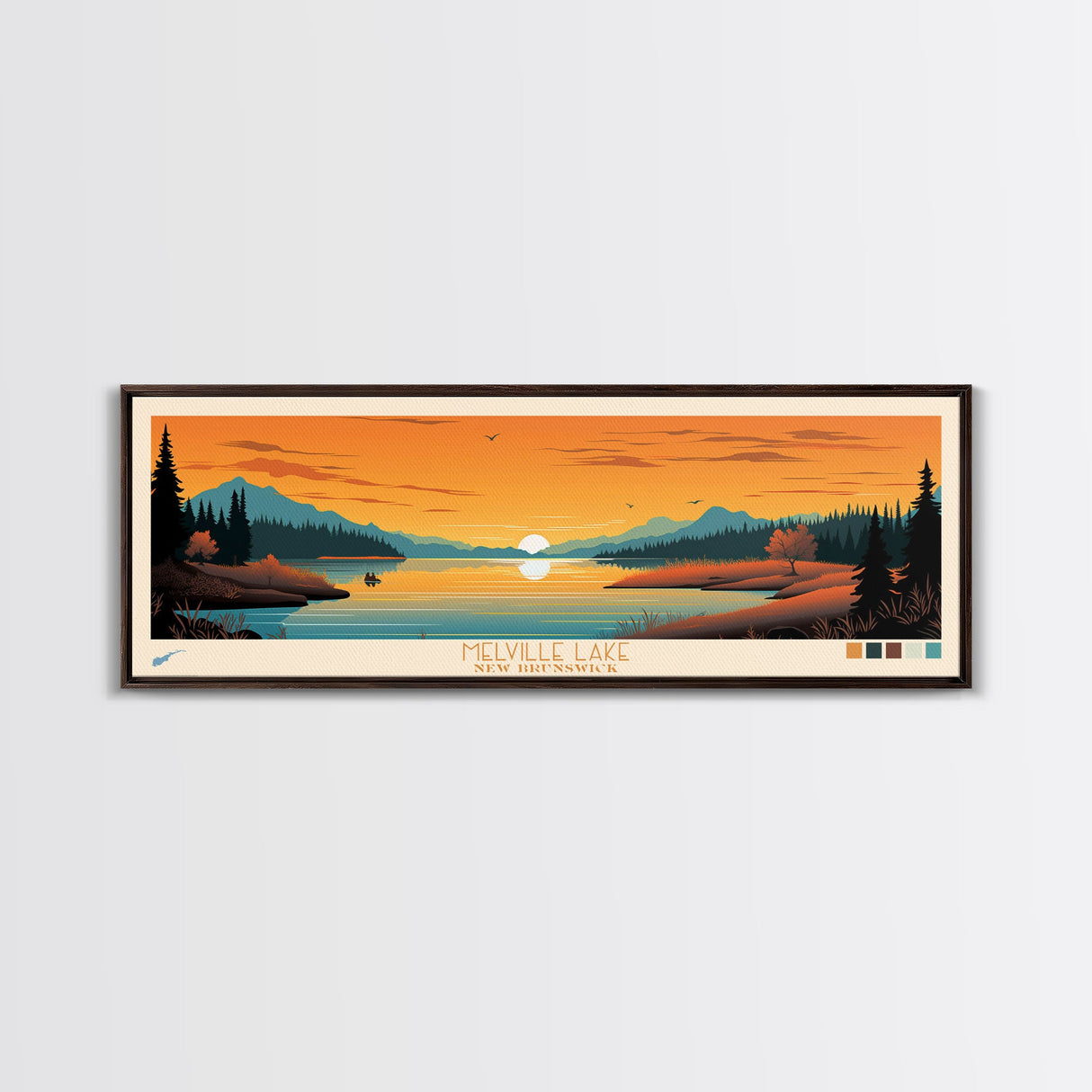 Melville Lake, New Brunswick Panoramic Wall Art Framed Canvas Print, Midcentury Modern, Pop Art, Home Decor, Travel Poster, Bedroom Art