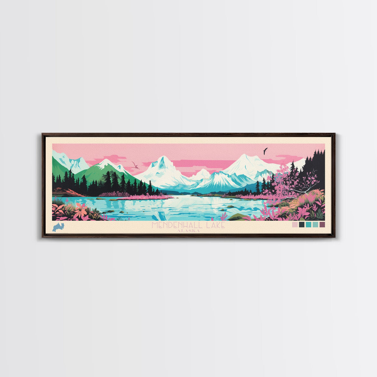 Mendenhall Lake, Alaska Panoramic Wall Art Framed Canvas Print, Midcentury Modern, Pop Art, Home Decor, Travel Poster, Living Room Art