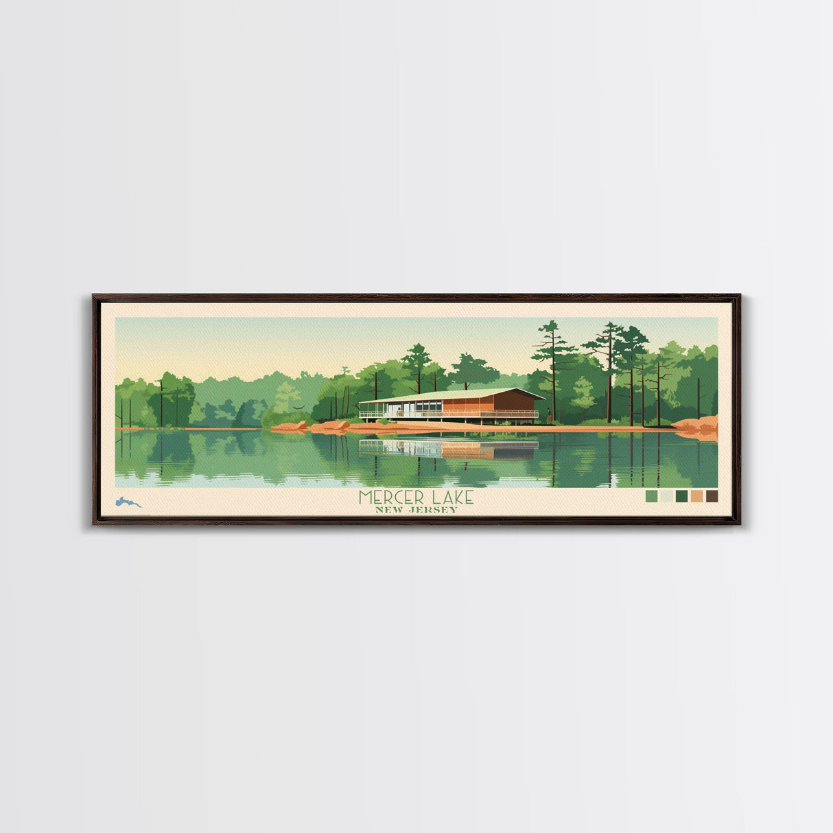 Mercer Lake, New Jersey Panoramic Wall Art Framed Canvas Print, Midcentury Modern, Pop Art, Home Decor, Travel Poster, Bedroom Art