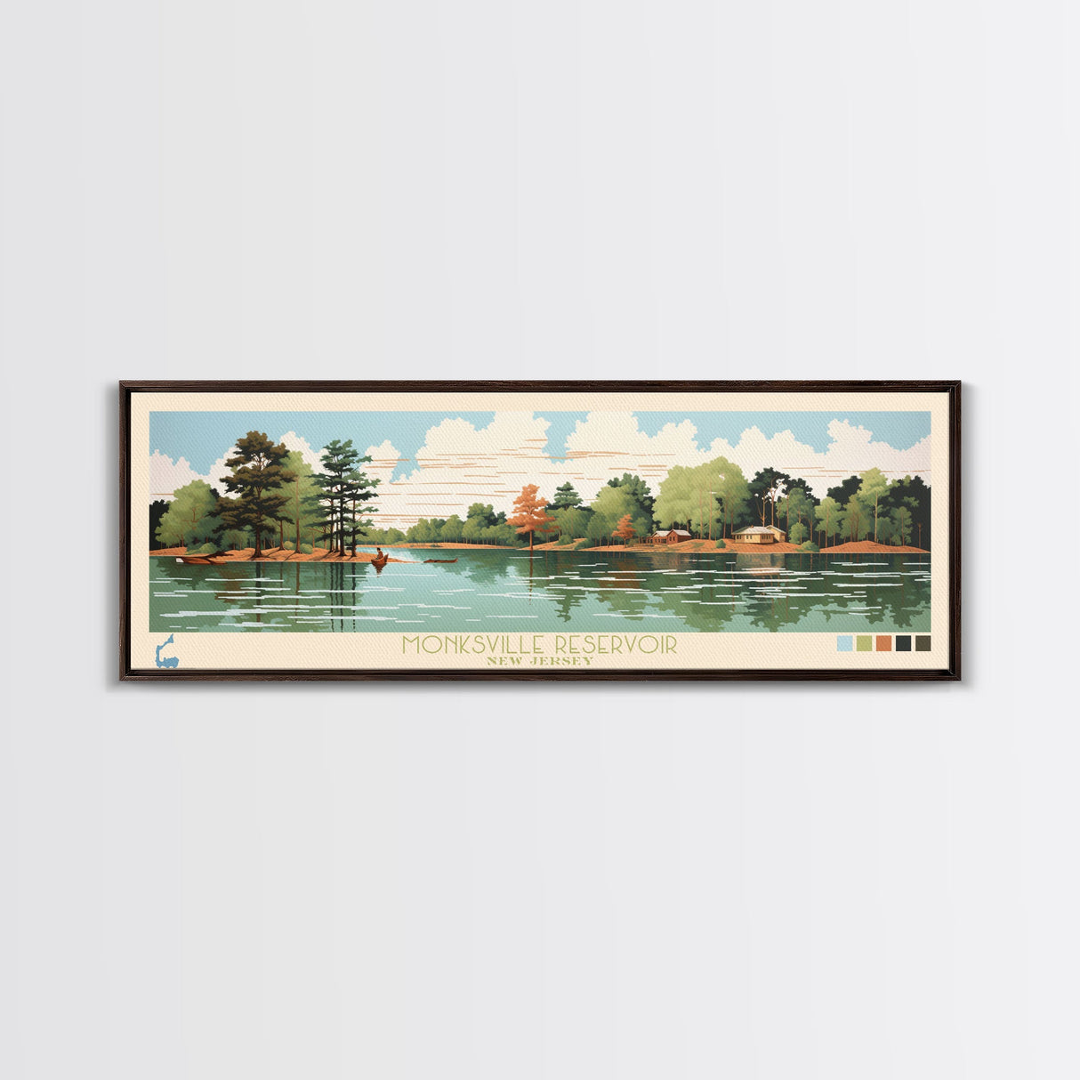 Monksville Reservoir, New Jersey Framed Canvas Print, Panoramic Wall Art, Midcentury Modern, Pop Art, Home Decor, Travel Poster, Living Room Art