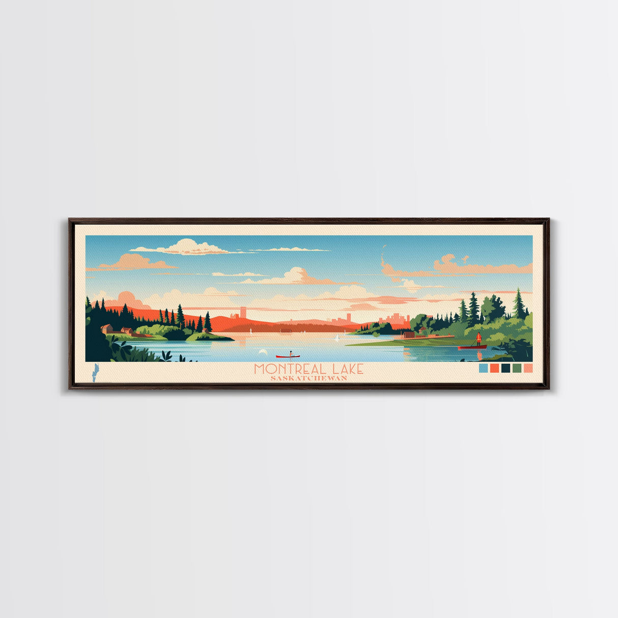 Montreal Lake, Saskatchewan Framed Canvas Print, Panoramic Wall Art, Midcentury Modern, Pop Art, Home Decor, Travel Poster, Living Room Art