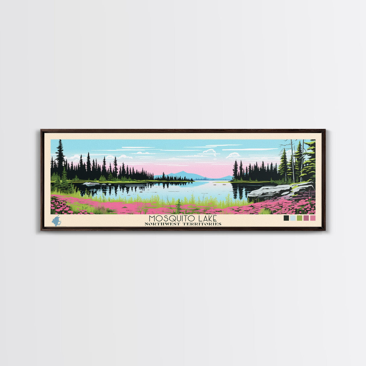 Mosquito Lake, Northwest Territories Framed Canvas Print, Panoramic Wall Art, Midcentury Modern, Pop Art, Home Decor, Travel Poster, Bedroom Art