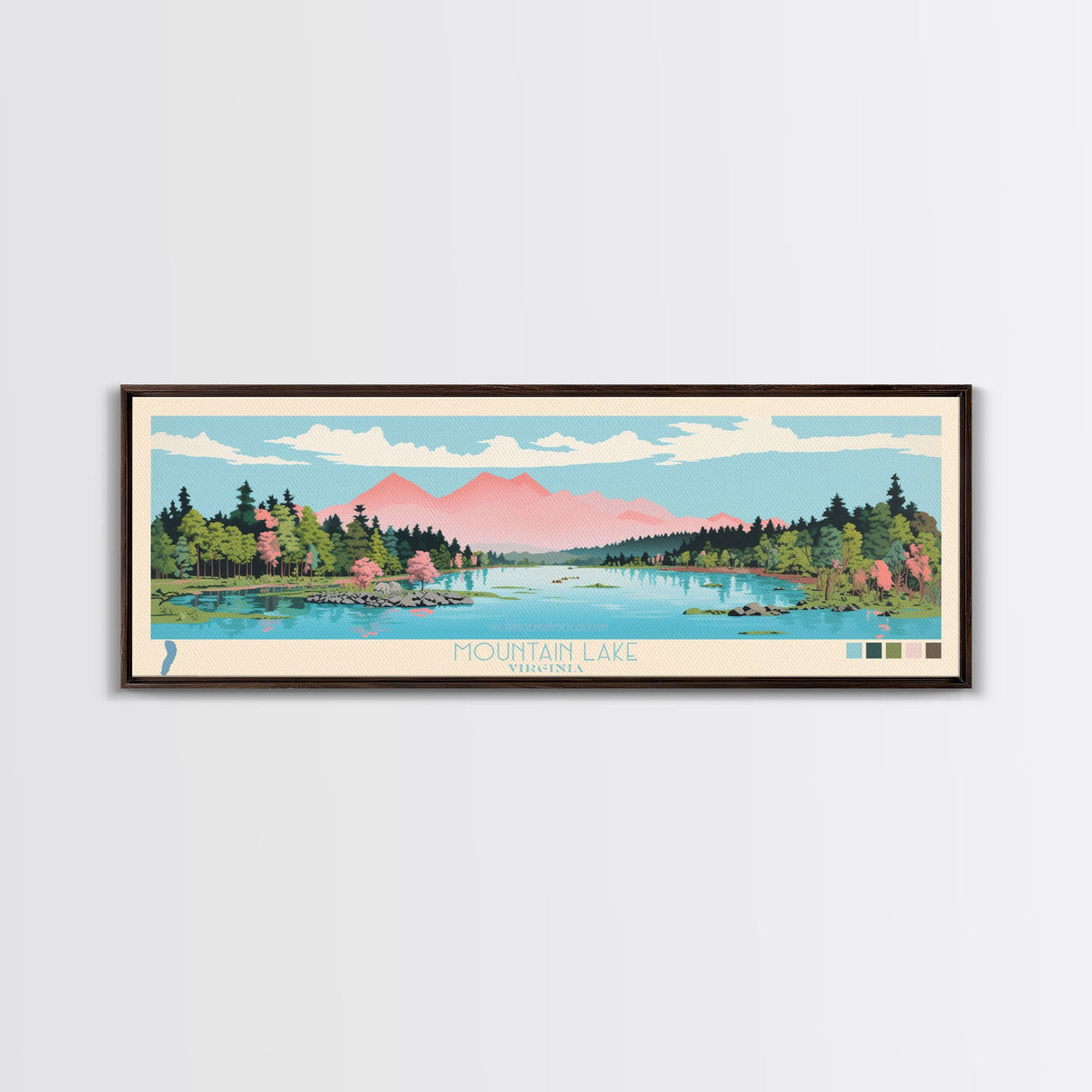 Mountain Lake, Virginia Framed Canvas Print, Panoramic Wall Art, Midcentury Modern, Pop Art, Home Decor, Travel Poster, Bedroom Art