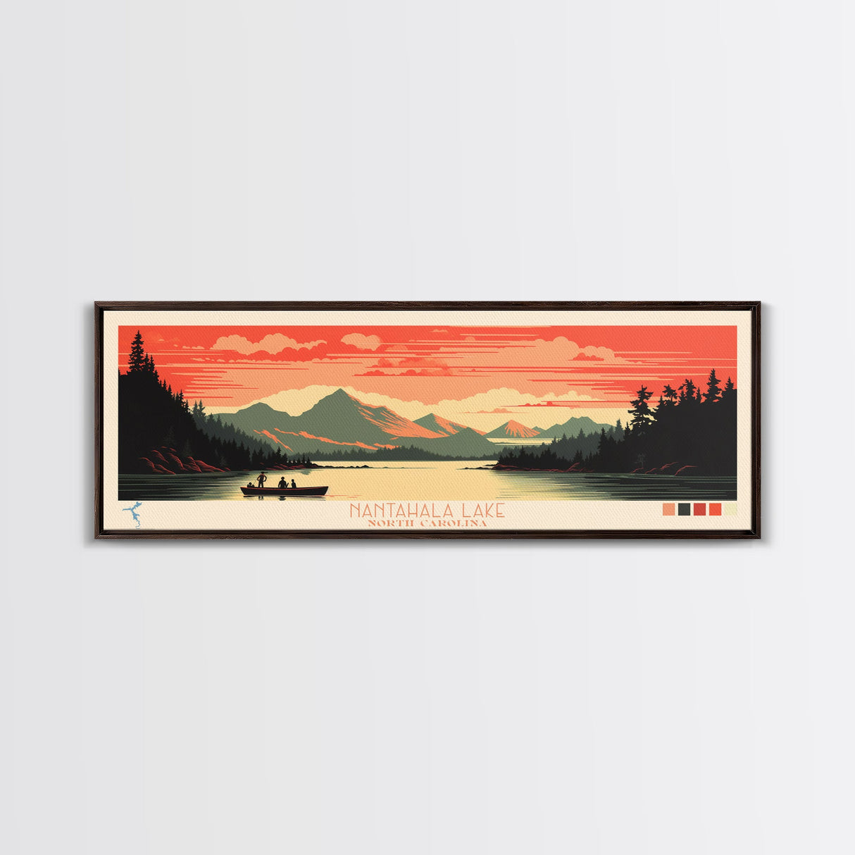 Nantahala Lake, North Carolina Framed Canvas Print, Panoramic Wall Art, Midcentury Modern, Pop Art, Home Decor, Travel Poster, Bedroom Art