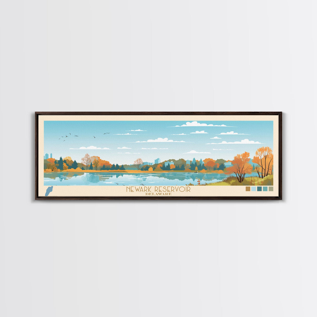 Newark Reservoir, Delaware Framed Canvas Print, Panoramic Wall Art, Midcentury Modern, Pop Art, Home Decor, Travel Poster, Bedroom Art