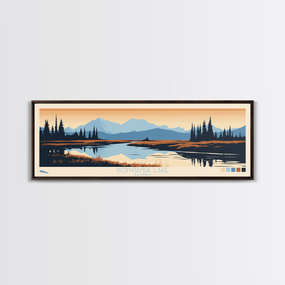 Nonvianuk Lake, Alaska Framed Canvas Print, Panoramic Wall Art, Midcentury Modern, Pop Art, Home Decor, Travel Poster, Living Room Art