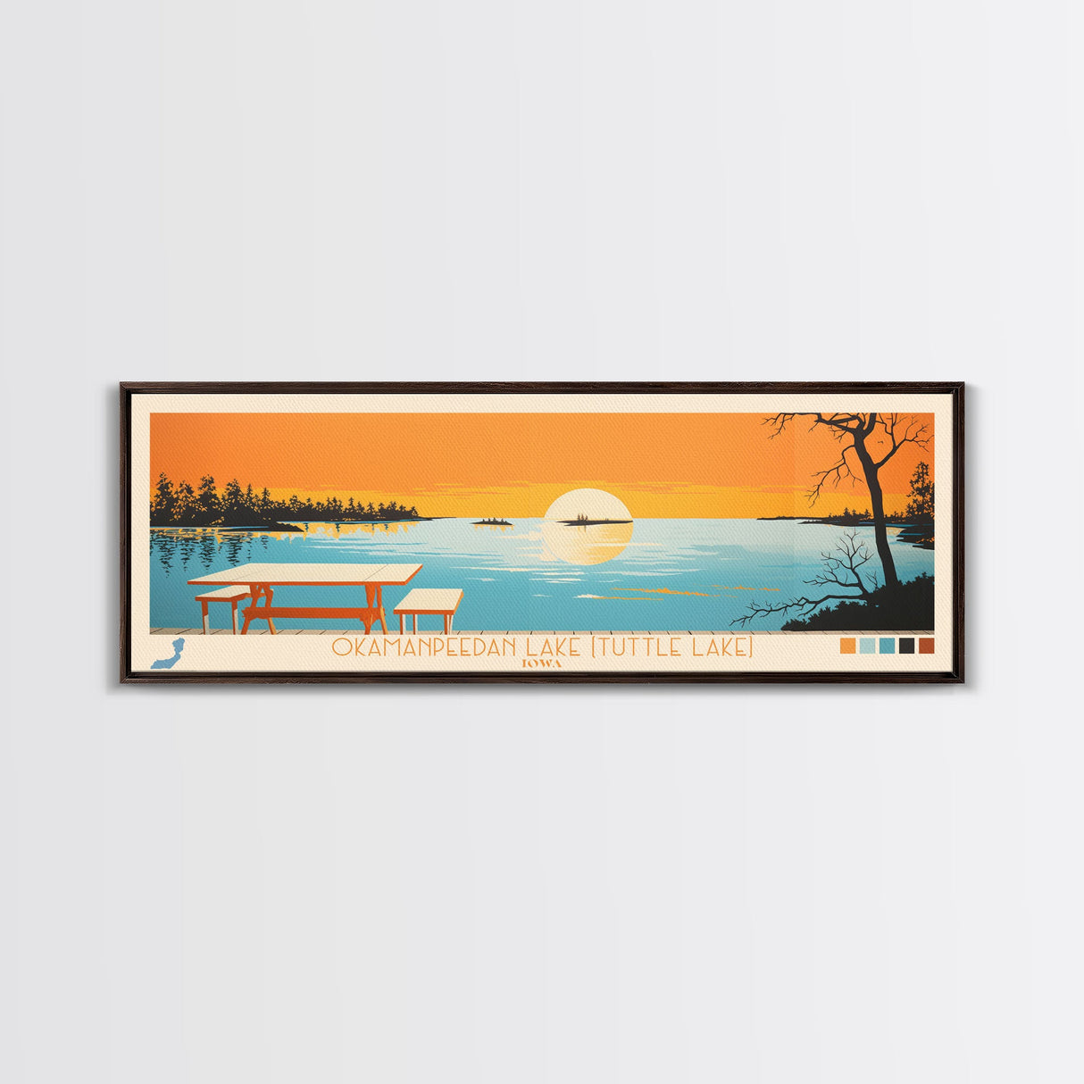 Okamanpeedan Lake (Tuttle Lake), Iowa Framed Canvas Print, Panoramic Wall Art, Midcentury Modern, Pop Art, Home Decor, Travel Poster, Bedroom Art