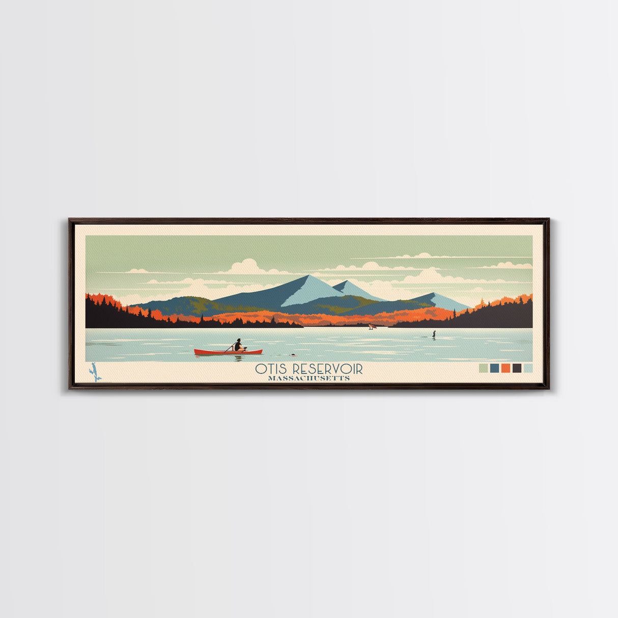 Otis Reservoir, Massachusetts Framed Canvas Print, Panoramic Wall Art, Midcentury Modern, Pop Art, Home Decor, Travel Poster, Living Room Art