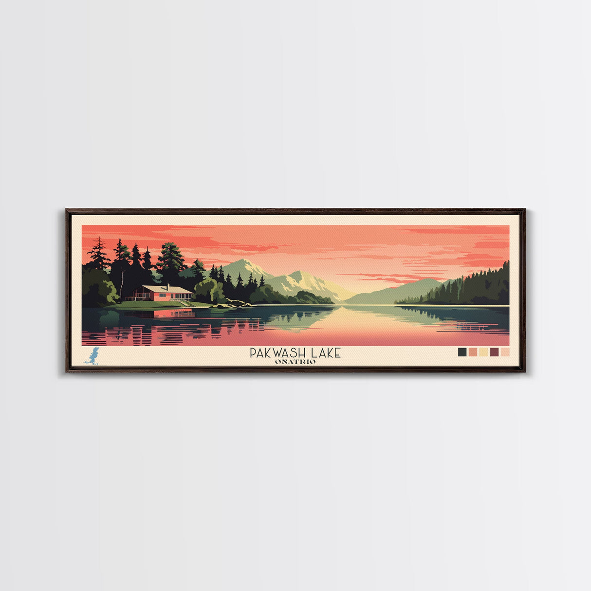 Pakwash Lake, Ontario Framed Canvas Print, Panoramic Wall Art, Midcentury Modern, Pop Art, Home Decor, Travel Poster, Bedroom Art