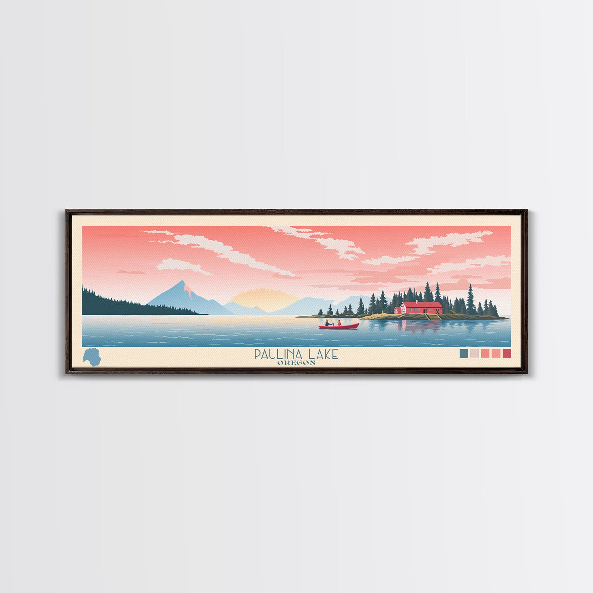 Paulina Lake, Oregon Framed Canvas Print, Panoramic Wall Art, Midcentury Modern, Pop Art, Home Decor, Travel Poster, Living Room Art