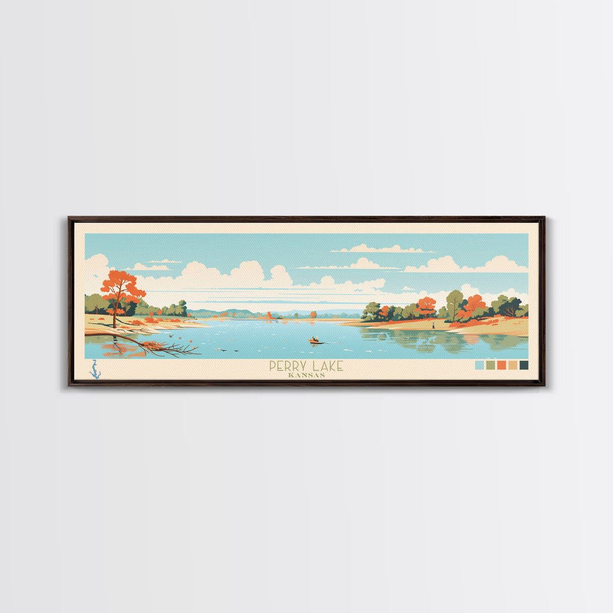 Perry Lake, Kansas Framed Canvas Print, Panoramic Wall Art, Midcentury Modern, Pop Art, Home Decor, Travel Poster, Living Room Art