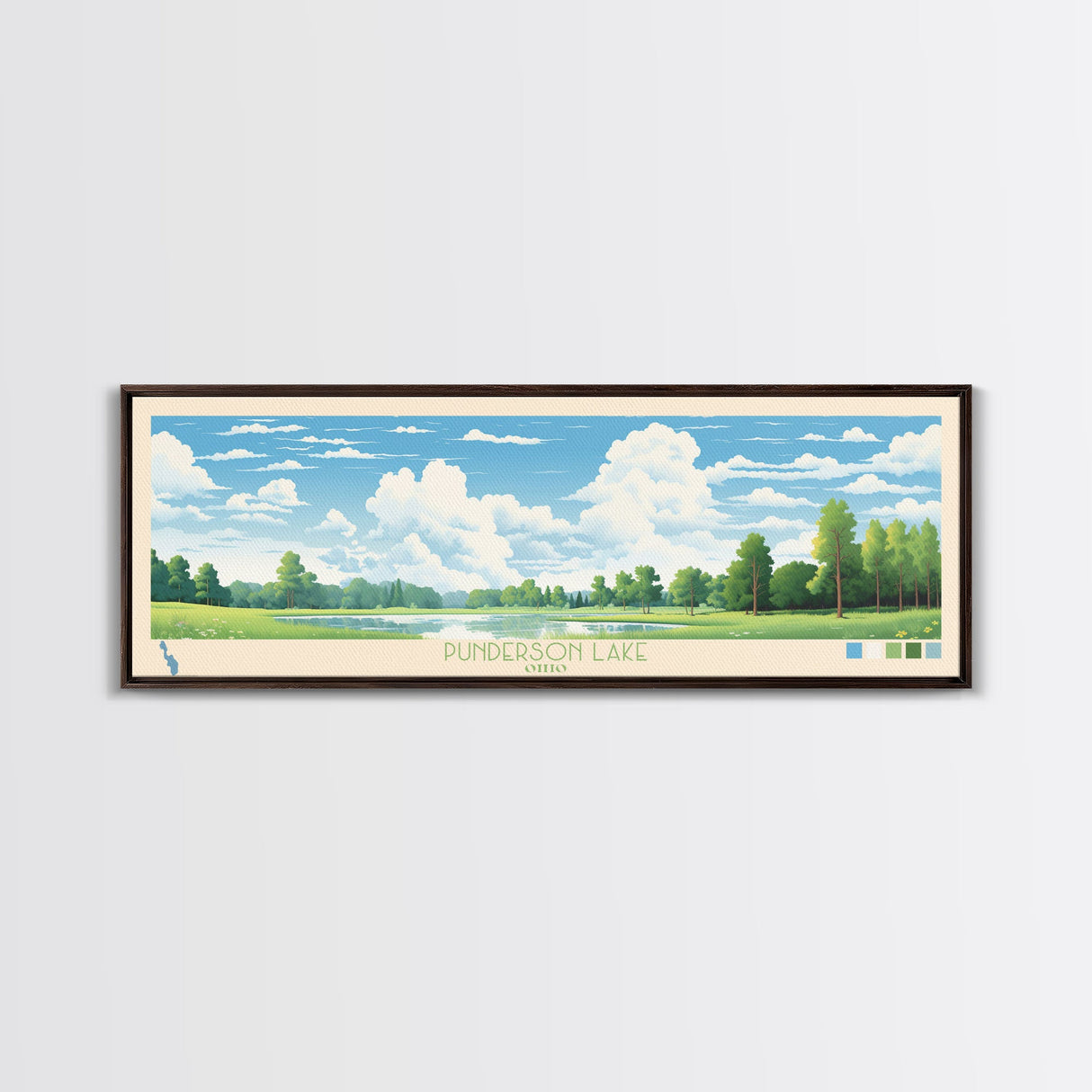 Punderson Lake, Ohio Framed Canvas Print, Living Room Art, Midcentury Modern, Pop Art, Panoramic Wall Art, Travel Poster