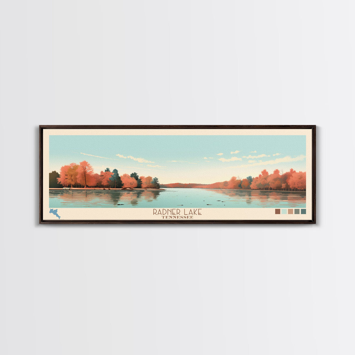 Radner Lake, Tennessee Framed Canvas Print, Living Room Art, Midcentury Modern, Panoramic Travel Poster, Pop Art, Wall Art