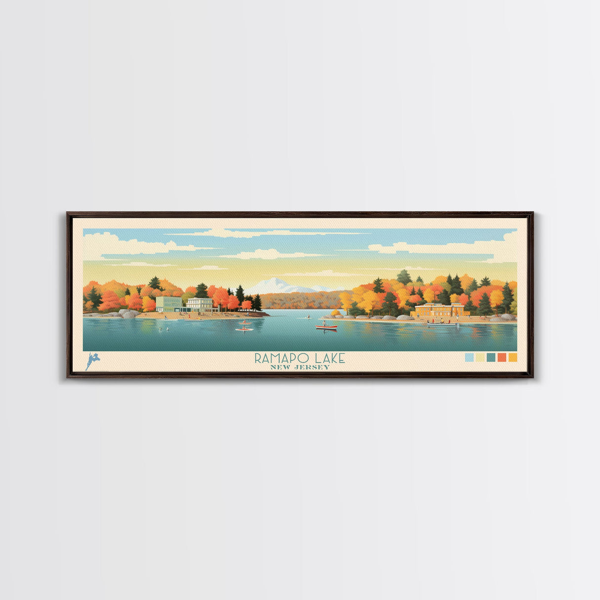 Ramapo Lake, New Jersey Framed Canvas Print, Home Decor, Midcentury Modern, Panoramic Travel Poster, Pop Art, Wall Art