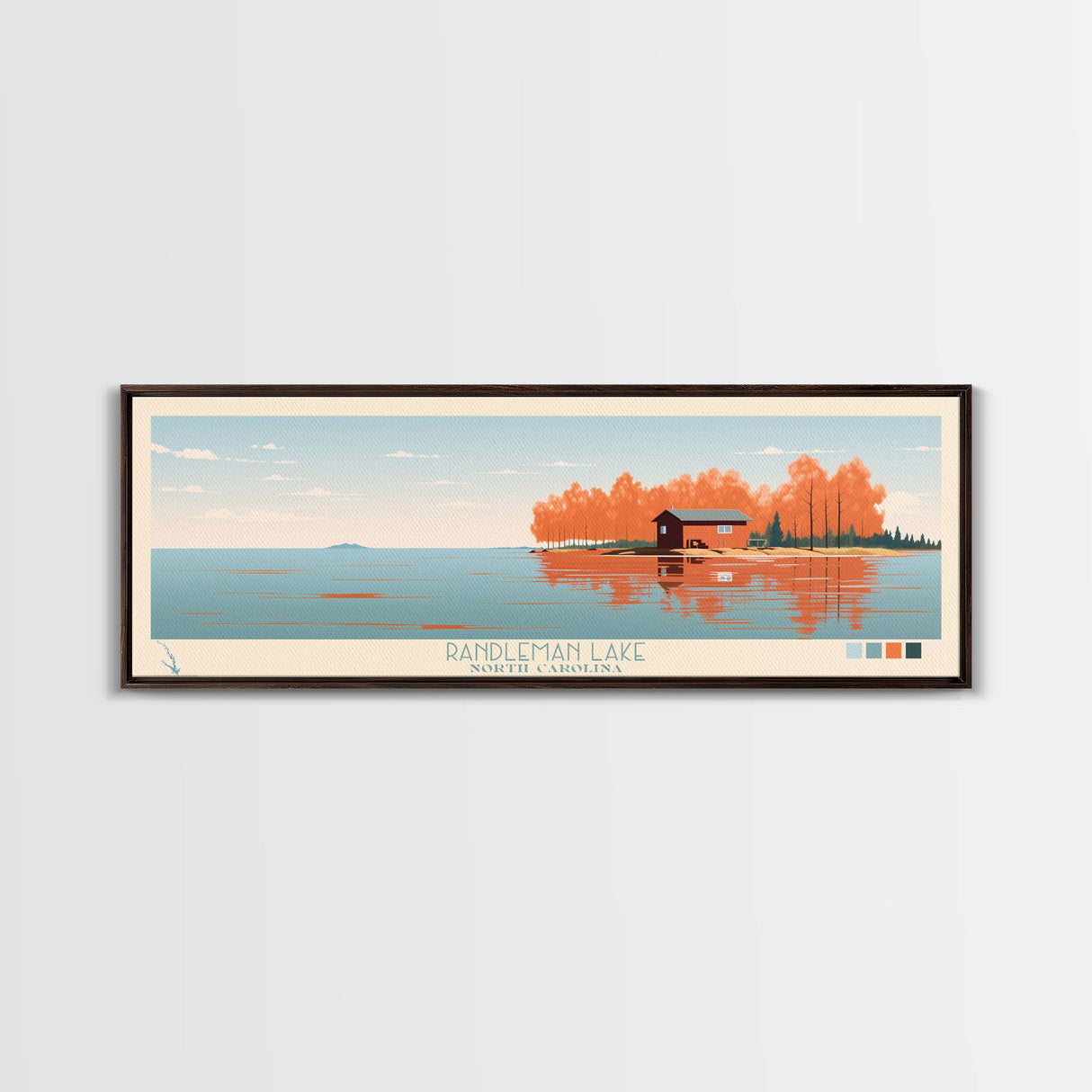 Randleman Lake, North Carolina Framed Canvas Print, Living Room Art, Midcentury Modern, Panoramic Wall Art, Pop Art, Travel Poster