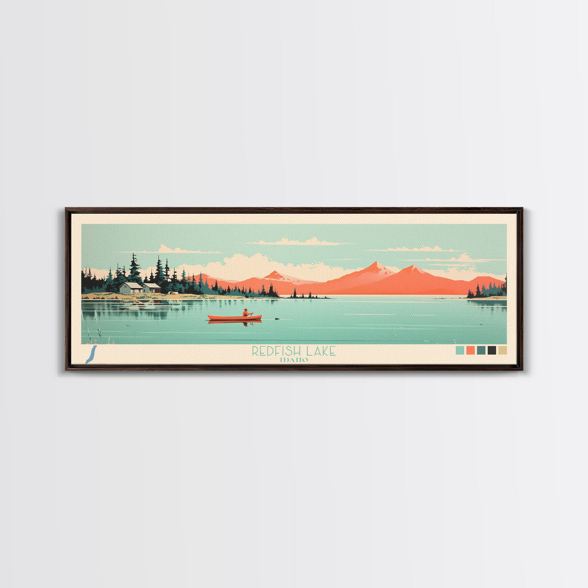 Redfish Lake, Idaho Framed Canvas Print, Panoramic Wall Art, Midcentury Modern Decor, Living Room Art, Pop Art, Travel Poster