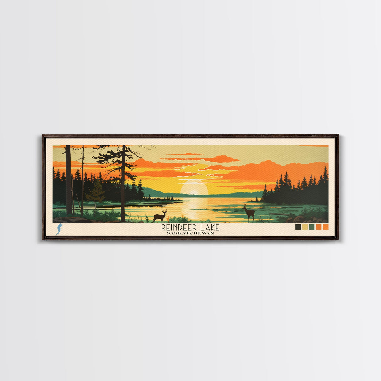 Reindeer Lake, Saskatchewan Framed Canvas Print, Panoramic Travel Poster, Midcentury Modern Art, Bedroom Decor, Pop Art, Wall Decoration