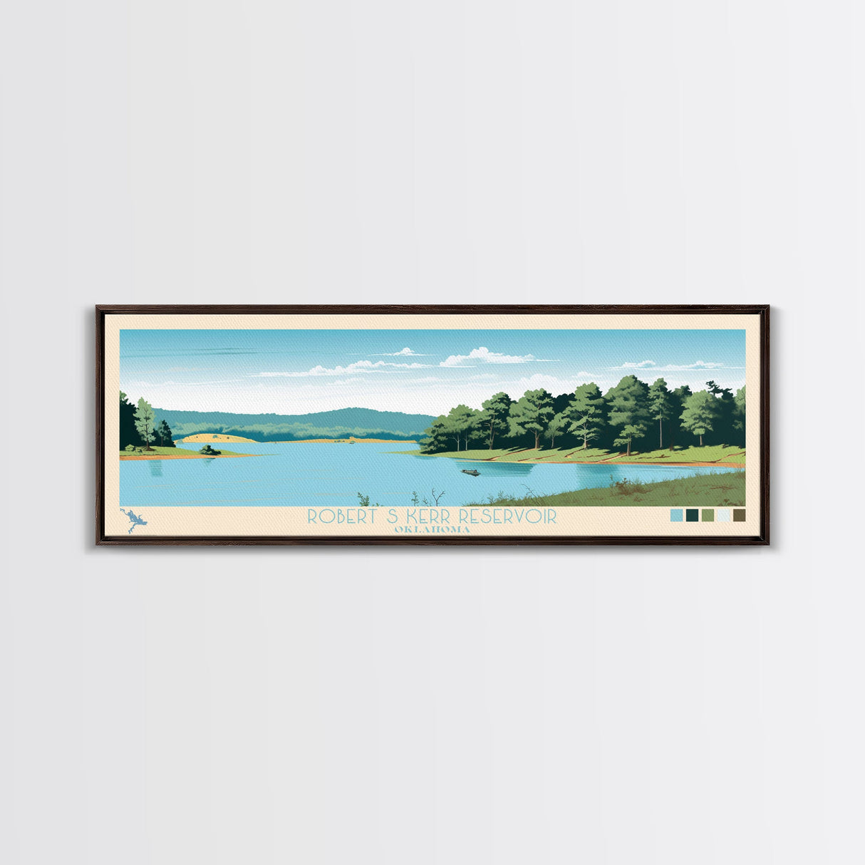 Robert S. Kerr Reservoir, Oklahoma Framed Canvas Print, Panoramic Wall Art, Midcentury Modern Decor, Home Decoration, Pop Art, Travel Poster