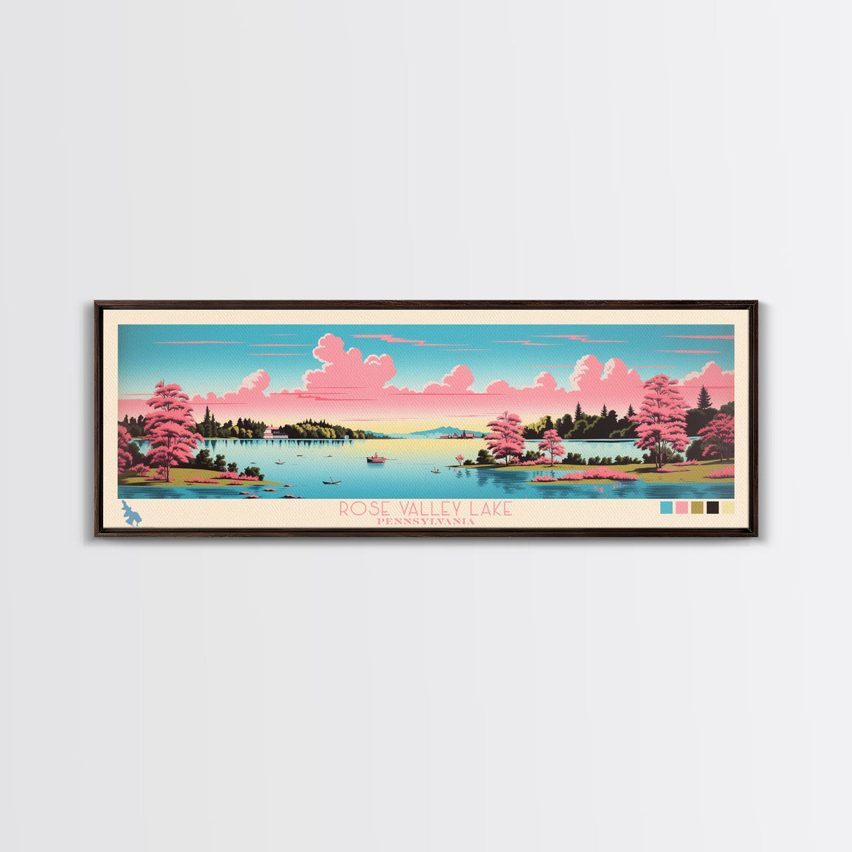 Rose Valley Lake, Pennsylvania Framed Canvas Print, Panoramic Travel Poster, Midcentury Modern Art, Bedroom Decor, Pop Art, Wall Art