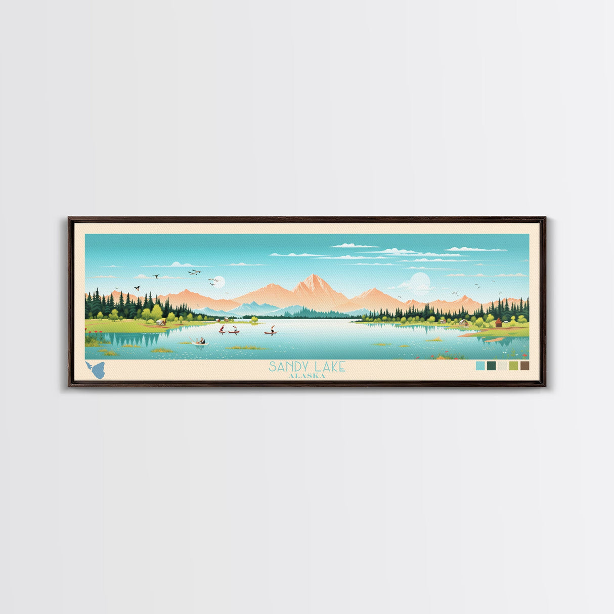 Sandy Lake, Alaska Framed Canvas Print, Panoramic Travel Poster, Midcentury Modern Art, Living Room Decor, Pop Art, Wall Art