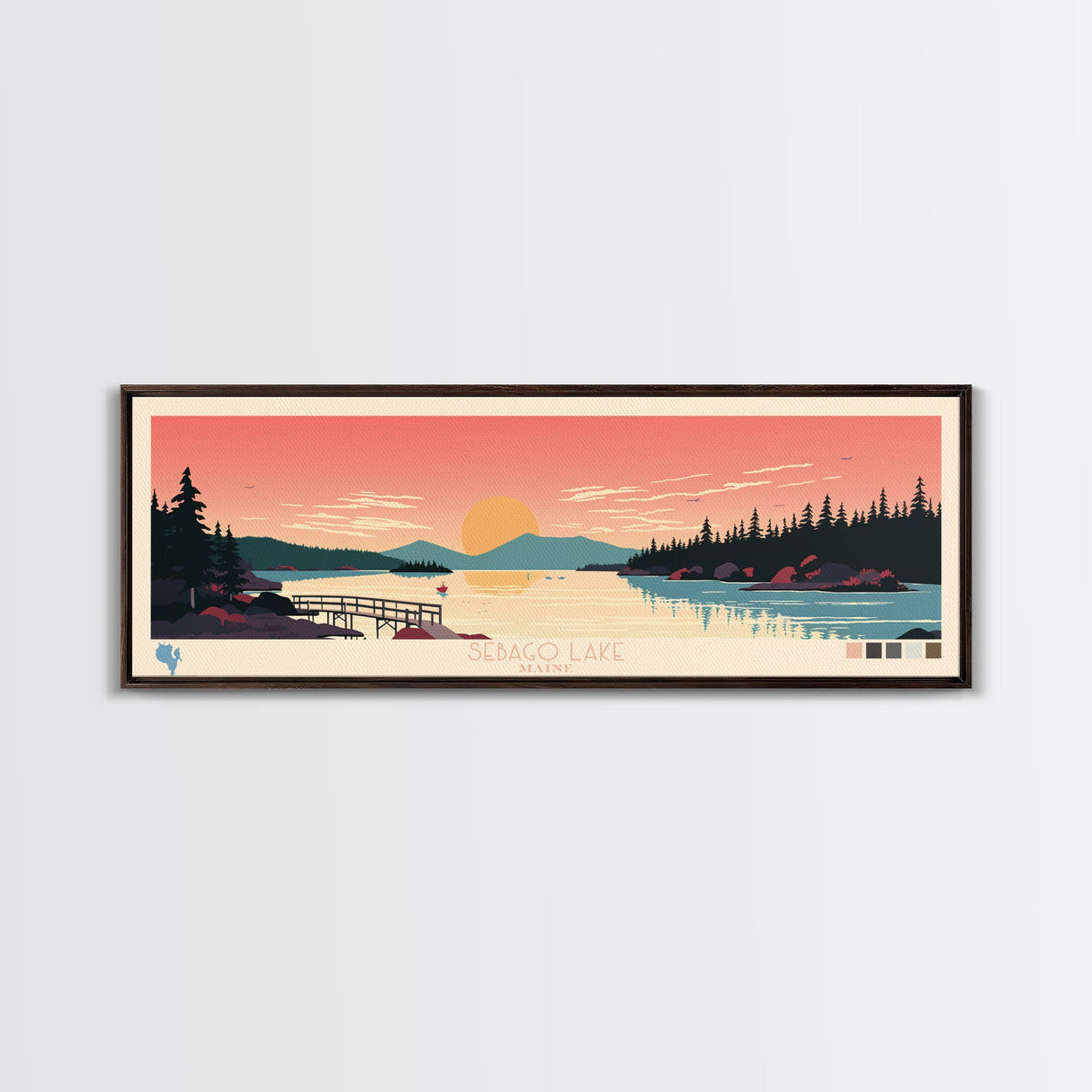 Sebago Lake, Maine Framed Canvas Print, Panoramic Travel Poster, Midcentury Modern Art, Home Decoration, Pop Art, Wall Art