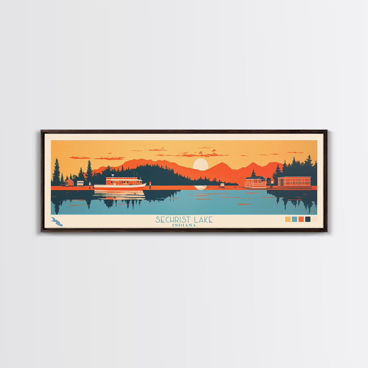 Sechrist Lake, Indiana Framed Canvas Print, Panoramic Travel Poster, Midcentury Modern Art, Living Room Decor, Pop Art, Wall Decoration