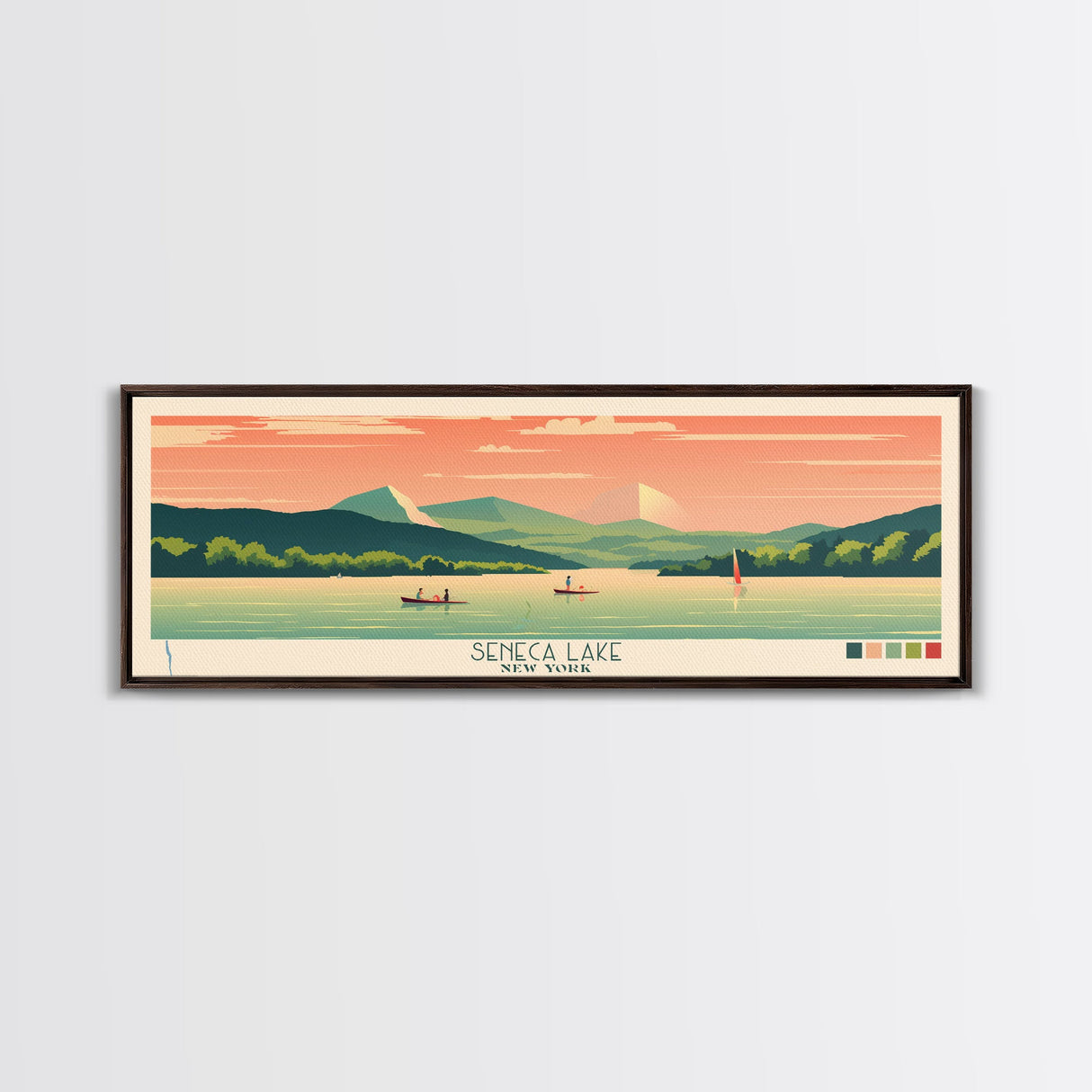 Seneca Lake, New York Framed Canvas Print, Panoramic Wall Art, Midcentury Modern Decor, Pop Art, Bedroom Decoration, Travel Poster