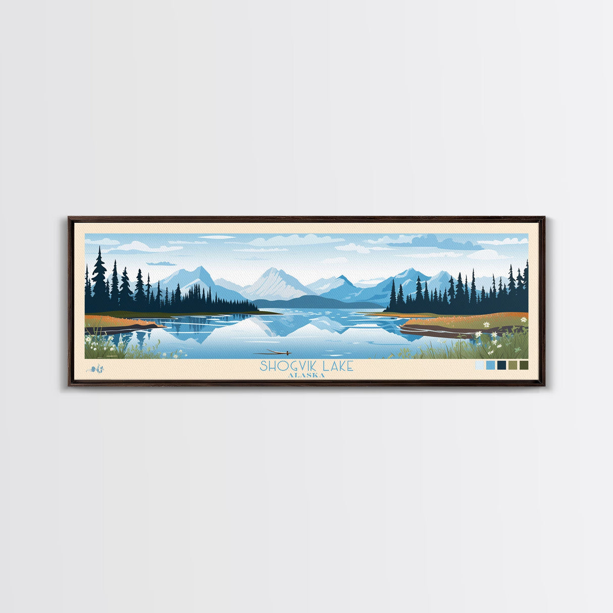 Shogvik Lake, Alaska Framed Canvas Print, Panoramic Travel Poster, Midcentury Modern Art, Home Decor, Pop Art, Wall Art