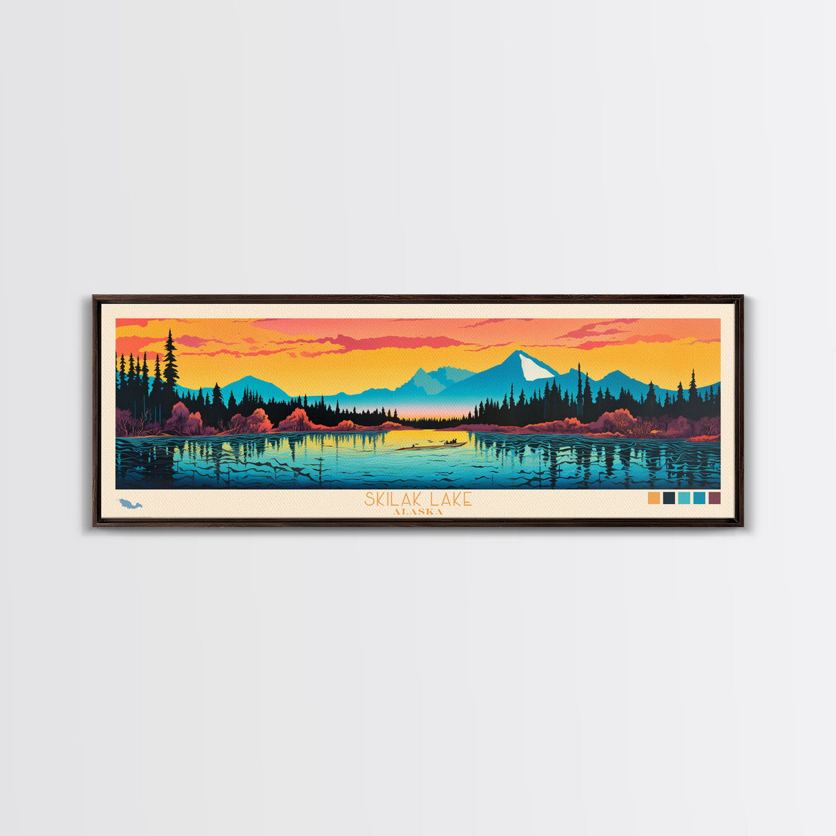 Skilak Lake, Alaska Framed Canvas Print, Lake House Art, Midcentury Modern Decor, Pop Art, Travel Poster, Living Room Wall Art