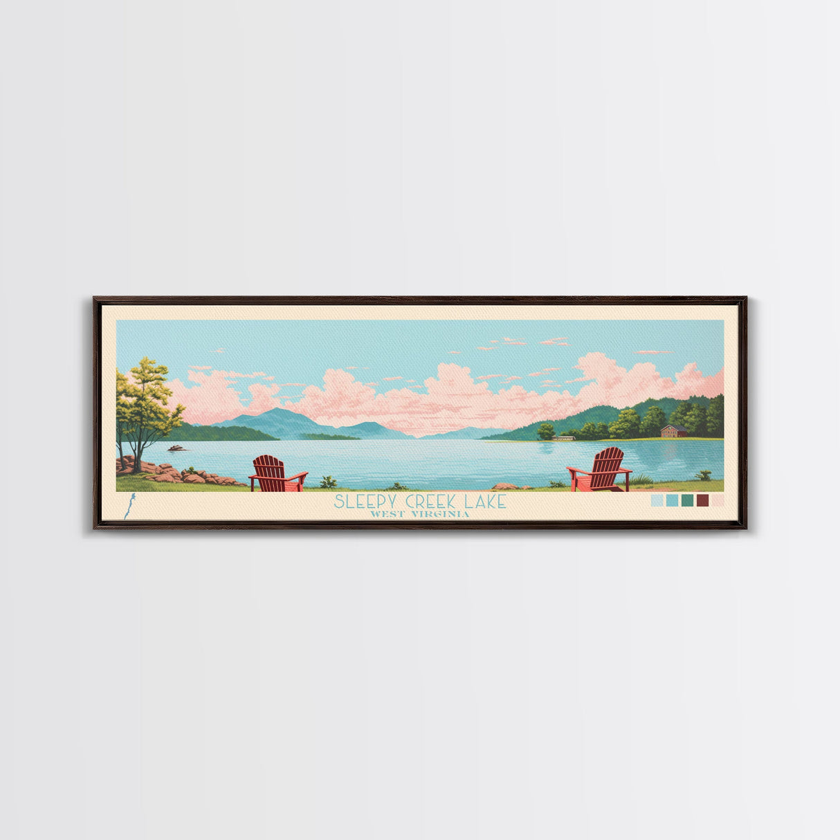 Sleepy Creek Lake, West Virginia Framed Canvas Print, Lake House Decor, Midcentury Modern Art, Pop Art, Travel Poster, Bedroom Wall Art