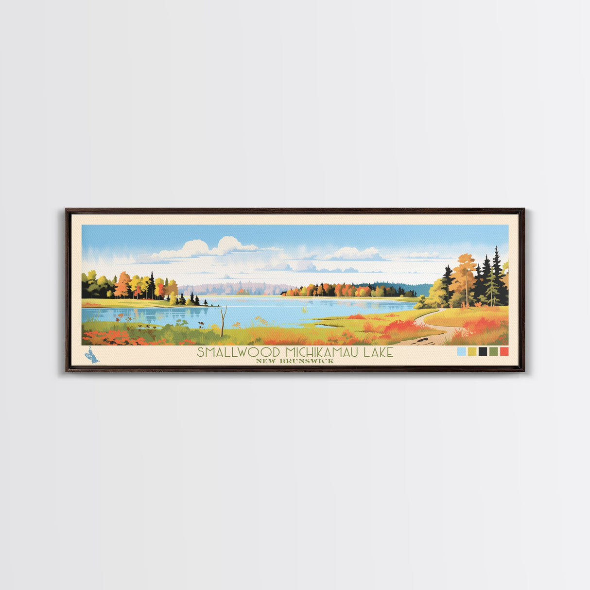 Smallwood Michikamau Lake, New Brunswick Framed Canvas Print, Lake House Art, Midcentury Modern Decor, Pop Art, Travel Poster, Living Room Wall Art