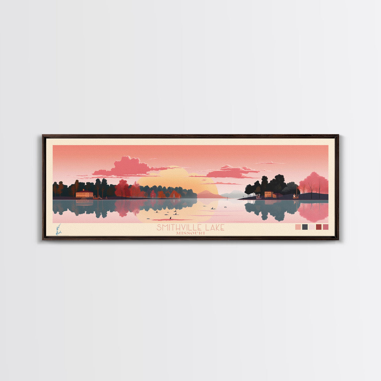 Smithville Lake, Missouri Framed Canvas Print, Lake House Art, Midcentury Modern Decor, Pop Art, Travel Poster, Living Room Wall Art