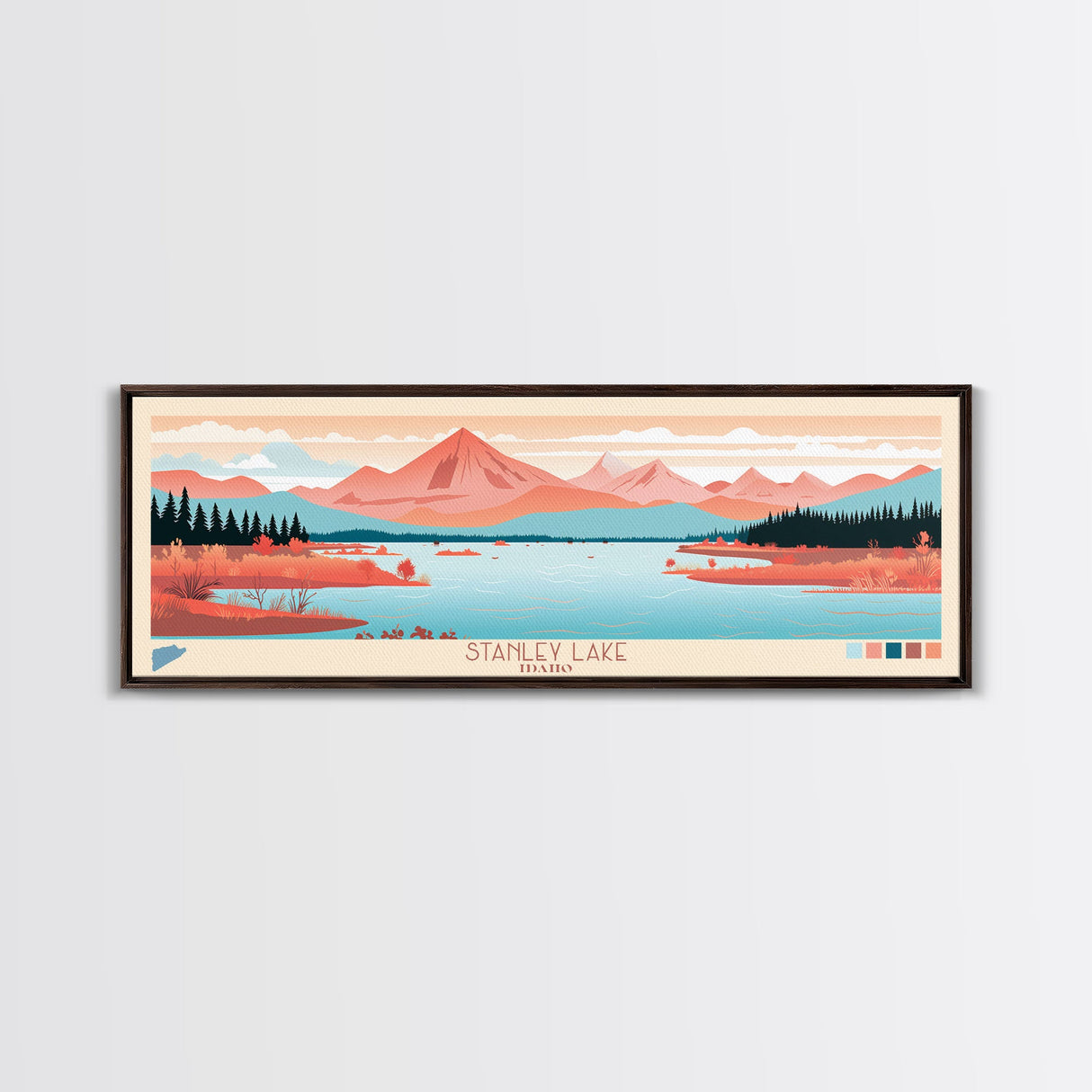 Stanley Lake, Idaho Framed Canvas Print, Lake House Art, Midcentury Modern Decor, Pop Art, Travel Poster, Living Room Wall Art