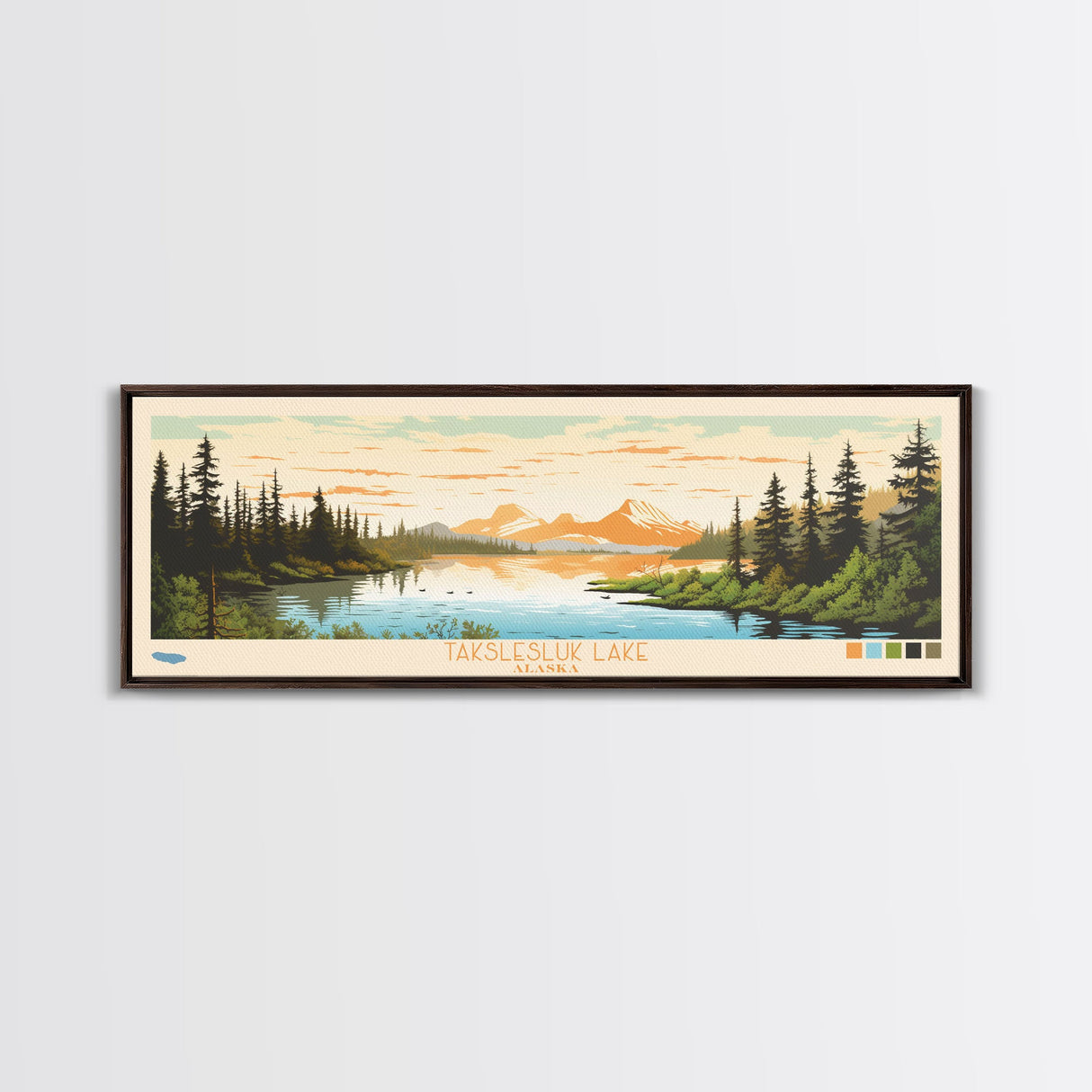 Takslesluk Lake, Alaska Framed Canvas Print, Lake House Decor, Midcentury Modern Art, Pop Art, Travel Poster, Bedroom Wall Art