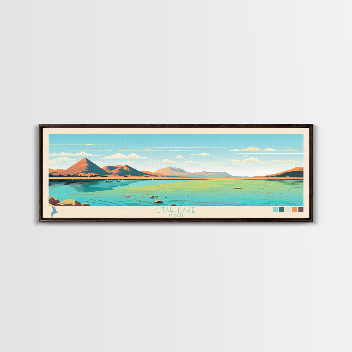 Utah Lake, Utah Framed Canvas Print, Panoramic Lake House Decor, Midcentury Modern Art, Pop Art, Travel Poster, Bedroom Wall Art