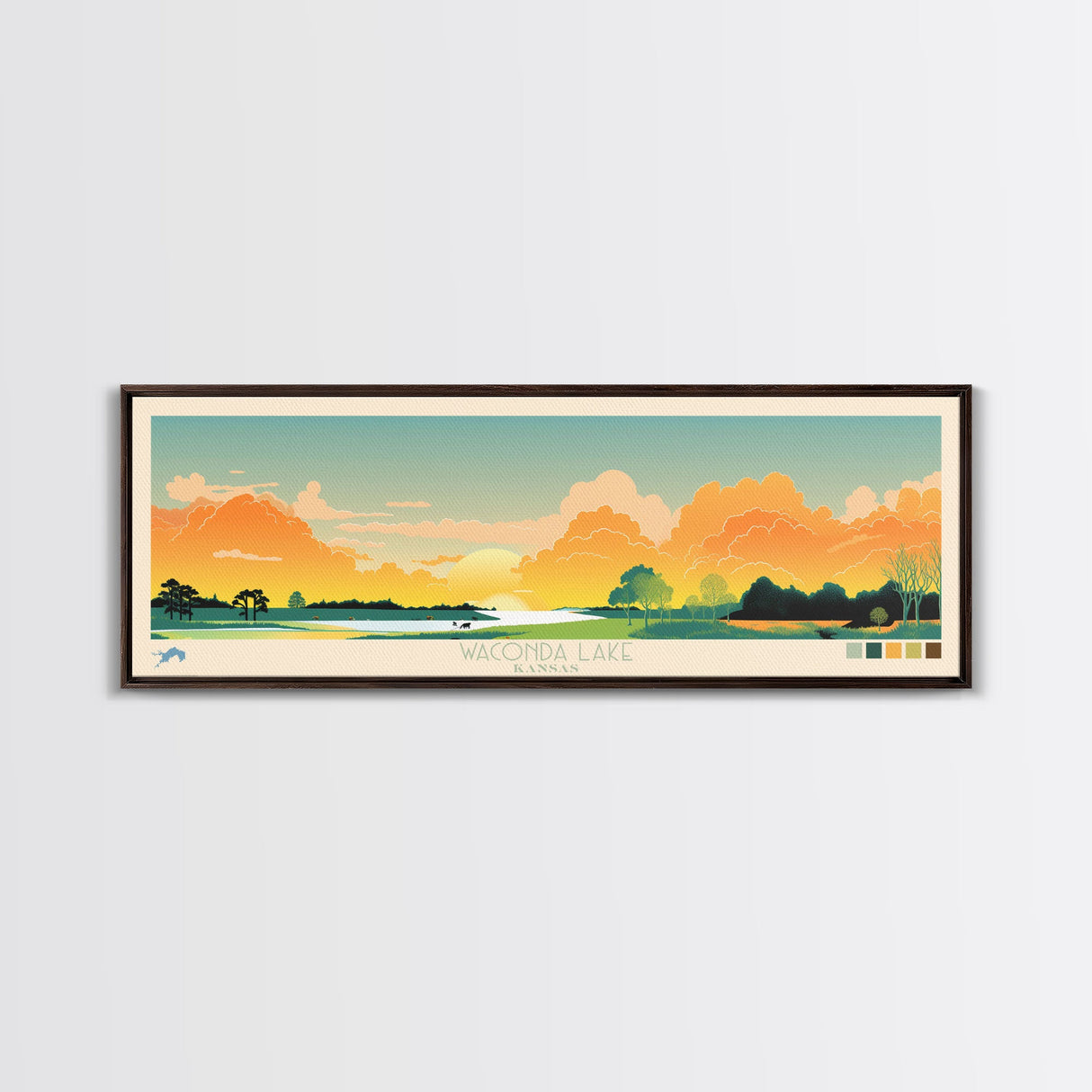 Waconda Lake, Kansas Framed Canvas Print, Panoramic Lake House Decor, Midcentury Modern Art, Pop Art, Travel Poster, Bedroom Wall Art