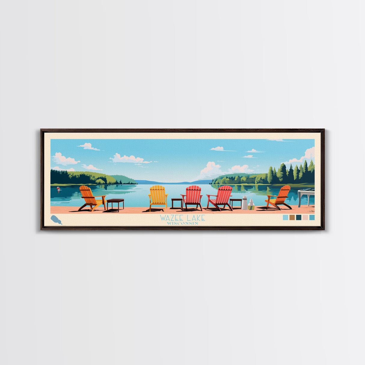 Wazee Lake, Wisconsin Framed Canvas Print, Panoramic Lake House Art, Midcentury Modern Decor, Pop Art, Travel Poster, Living Room Wall Art