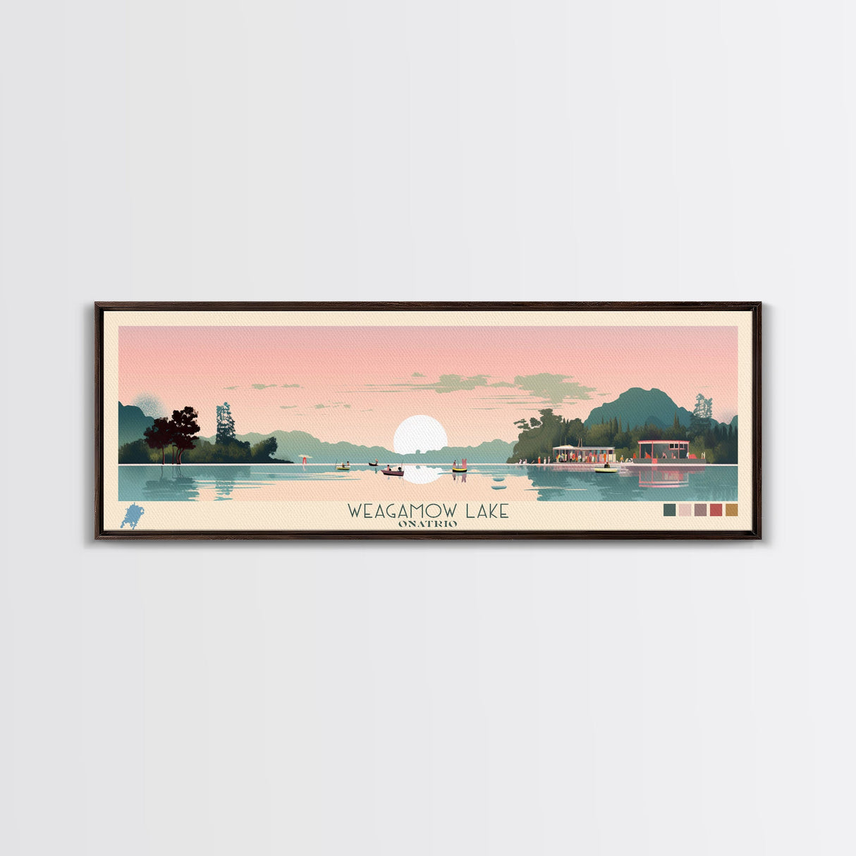 Weagamow Lake, Ontario Panoramic Framed Canvas Print, Lake House Art, Midcentury Modern Decor, Pop Art, Travel Poster, Wall Art