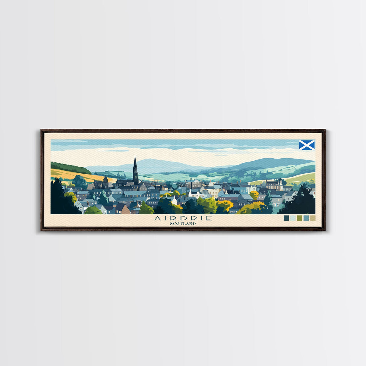 Airdrie, Scotland Travel Poster Panoramic Canvas Print, Airdrie, Scotland Painting, Scotland Art, Airdrie Travel Art, Guest Room Painting