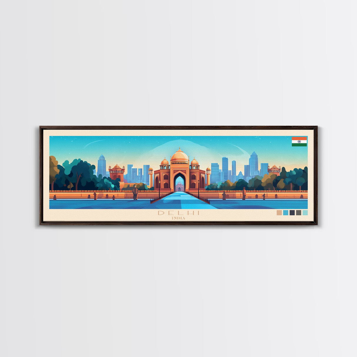 Delhi, India Travel Poster Panoramic Canvas Print, Delhi, India Painting, India Art, Delhi Travel Art, Guest Room Painting