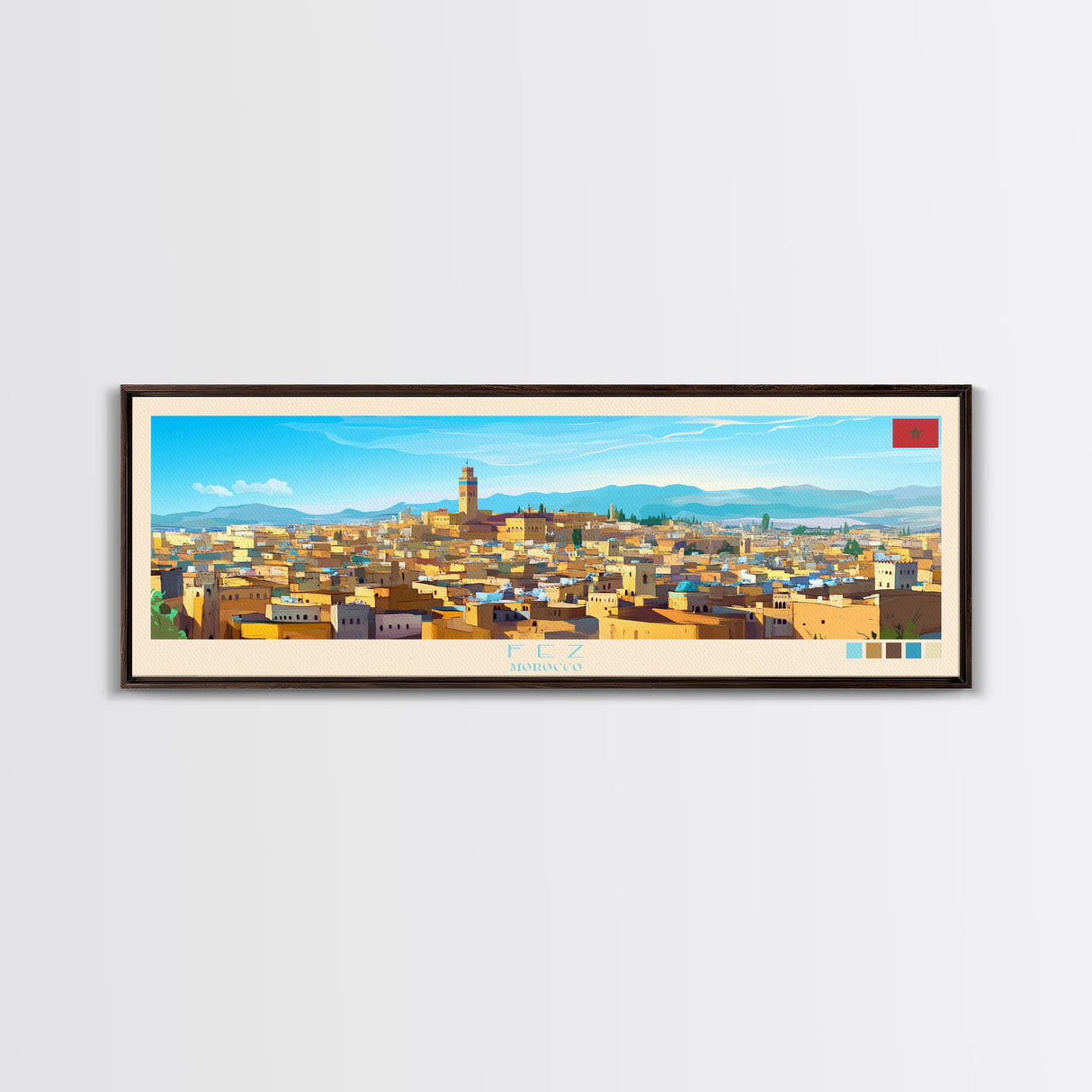 Fez, Morocco Travel Poster Panoramic Canvas Print, Fez, Morocco Painting, Morocco Art, Fez Travel Art, Guest Room Painting