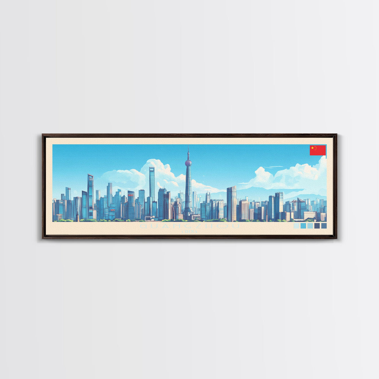 Guangzhou, China Panoramic Travel Poster Canvas Print, Guangzhou, China Painting, China Art, Guangzhou Travel Art, Guest Room Painting